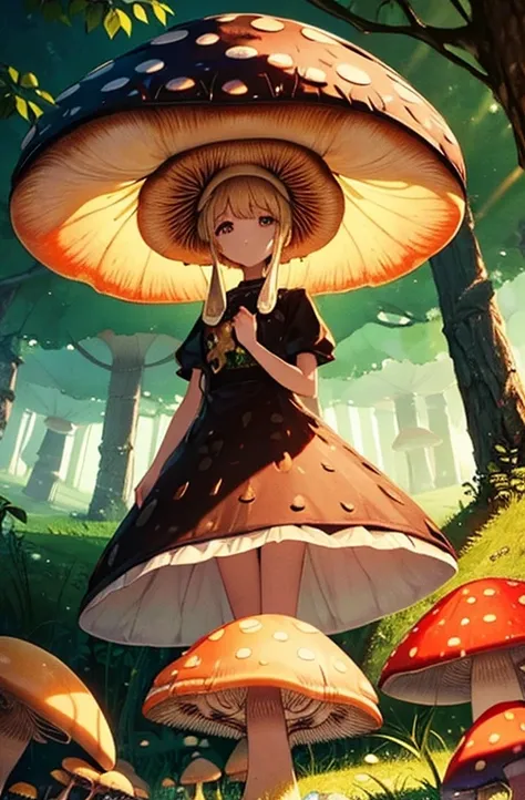 beautiful fungus girl, (Expressionless), she wears a mushroom design dress, (lots of giant mushrooms), eating mushrooms,