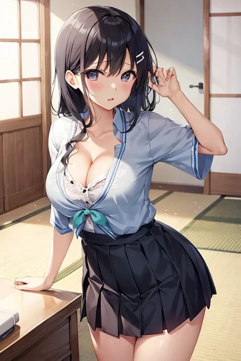 High school girl、美丽of女孩、Expressing embarrassment、濕潤of眼睛、光泽of嘴唇、、Large Breasts、(((Cleavage))))，pull up the skirt、整洁of裤子、of、干净of海军蓝水手服、mini skirt、Pleated Skirt、Black Hair、Japanese house interior、Japanese-style room、of、