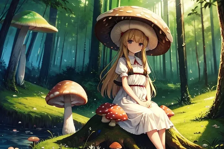 beautiful mushroom girl, (Expressionless), she wears a mushroom design dress, (lots of giant mushrooms), eating mushrooms, tea party, mushroom forest, sitting on a stump