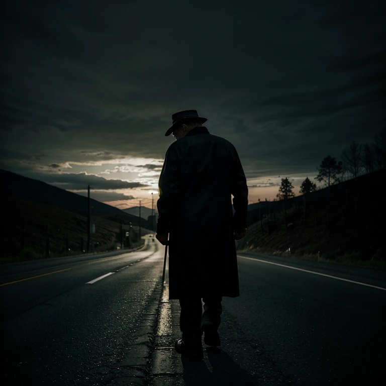 Dark lonely and gloomy road with a curve, scary looking old man is crossing with a cane