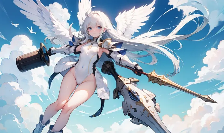 White long-haired girl in a one-piece swimsuit, armor, iron boots, wings, spear, flying in the sky with white clouds