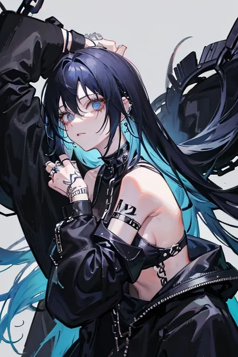 Black-blue hair, messy hair, mid length hair, emo, tattoos, anime, piercings, chains, rings, reading, chill expression, 1girl,