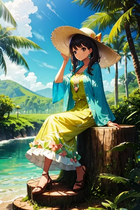 beautiful girl, Tropical outfit and hat, tea party, sitting on a stump