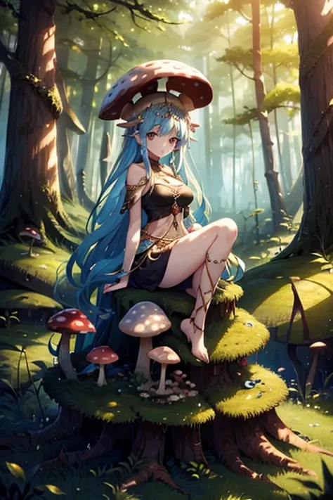 Mushroom forest queen goddess, sitting on a stump
