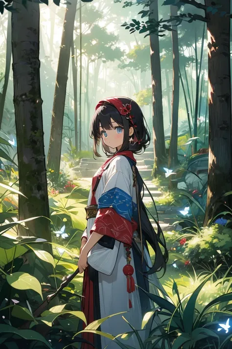 1girl, forest, cute, beauty, fantasy scene, kawaii style, full body