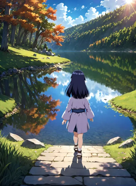  child-Hinata, long hair, walk next to lake, [enchanting, surreal, studio lighting, HDR, UHD, K]