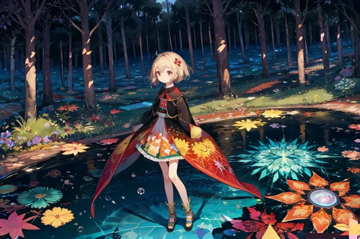 1girl, forest, cute, beauty, fantasy scene, kawaii style, (kaleidoscope effect:1.4), high angle shot, full body