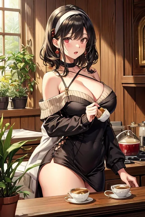 masterpiece, yor, 1girl, Amazing Cleavage:1.3, thin waist, big ass, Raised sexy, medium breast: 1.8 posed cleavage:1.2、solo, looking at viewer, open mouth, have a cup of coffee,black hair, red eyes, dress, bare shoulders, jewelry, collarbone, sidelocks, ha...