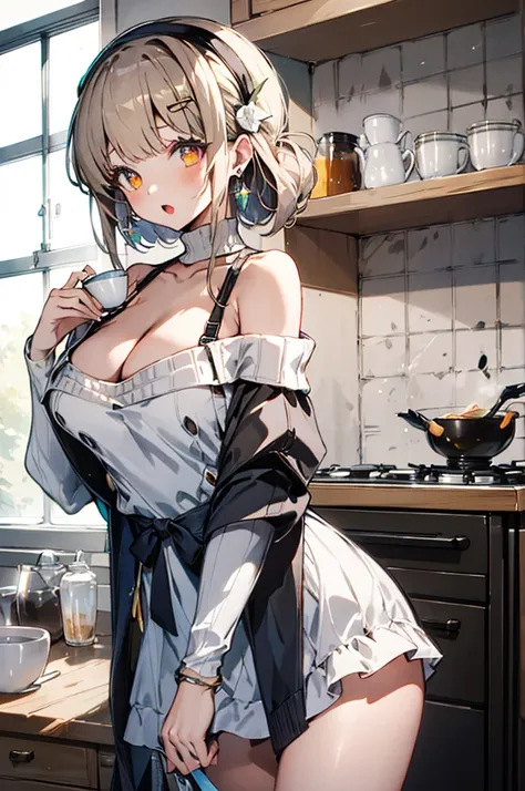 masterpiece, yor, 1girl, Amazing Cleavage:1.3, thin waist, big ass, Raised sexy, medium breast: 1.8 posed cleavage:1.2、solo, looking at viewer, open mouth, have a cup of coffee,black hair, red eyes, dress, bare shoulders, jewelry, collarbone, sidelocks, ha...