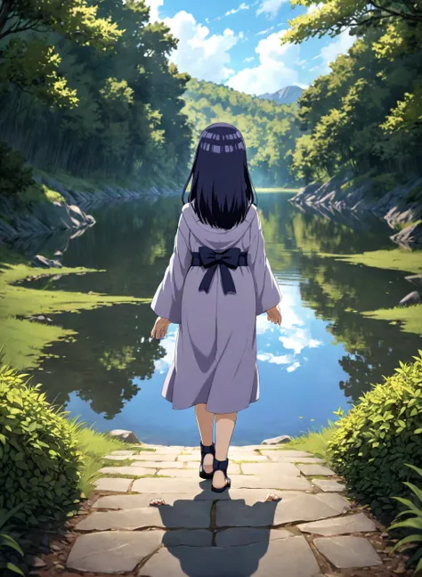  child-Hinata, (arms behind back), long hair, walk next to lake, [enchanting, surreal, studio lighting, HDR, UHD, K]