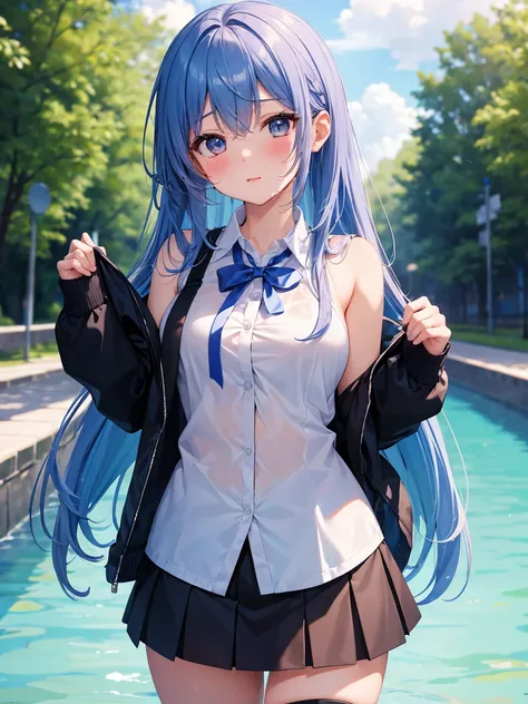 1 girl, masterpiece, absurdres, best quality, ultra high details, look at viewer, 8k, hd wallpaper, tsundere, blush, random phose, mini skirt, wet, long blue hair