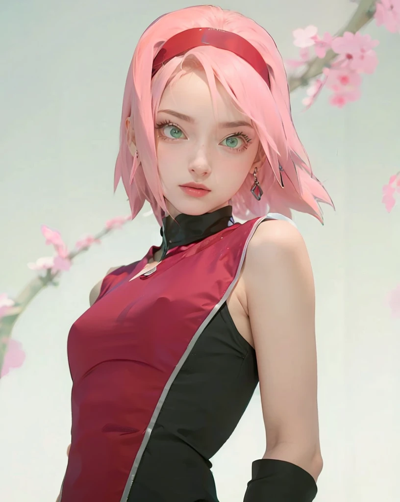 young woman, short shoulder-length pink hair, wide forehead, porcelain skin, pink eyebrows, big emerald green eyes, buttoned nose, full lips, heart-shaped face, slender body, small breasts, red tank top, Sakura Haruno , realistic, realism, details, 3d, wel...