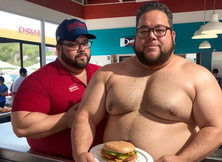 Only plump, chubby, extremely thick thighs, large belly, wearing only red swim trunks, Homem velho  56 anos tem uma barba Grande levemente grisalho, he is working inside a cafeteria preparing hamburgers, serving burger to customer. He is holding a plate wi...