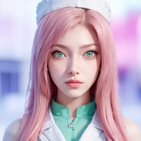 young woman, short shoulder-length pink hair, wide forehead, porcelain skin, pink eyebrows, big emerald green eyes, buttoned nose, full lips, heart-shaped face, slender body, small breasts, red tank top, Sakura Haruno , realistic, realism, details, 3d, wel...