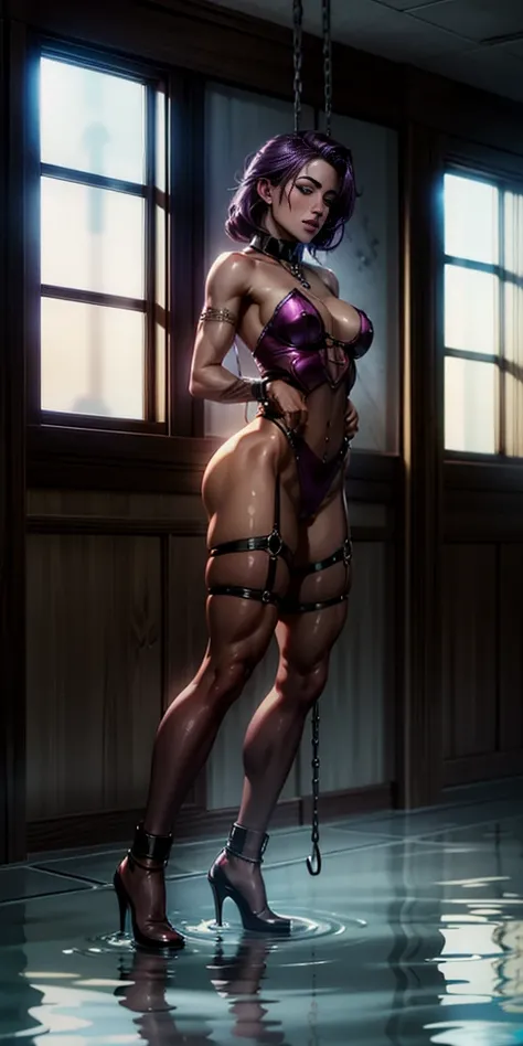 Sherry purple hair. A girl handcuffed and bound in chains, full body view, hands on glass breasts on glass ass on glass window fog water drop