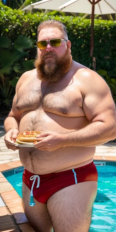 Roy Nelson UFC fighter Cute old man beautiful old man very long beard Only plump chubby thighs extremely thick large belly wearing only swim trunks holds hand in His swim trunks. Cabelo dourado barba amarelo. Bastante pelos no corpo. Elegant garden setting...