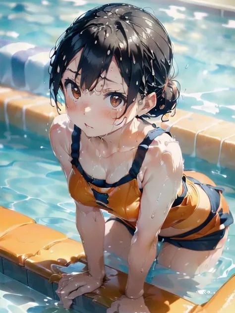 (Orange swimsuit(camisole):1.3),(Navy blue shorts:1.2),(ぬるぬるローションでSoaking wet:1.5),Pool(Soaking wet,ぬるぬるローションPool),(All fours pose:1.5),Big Breasts,