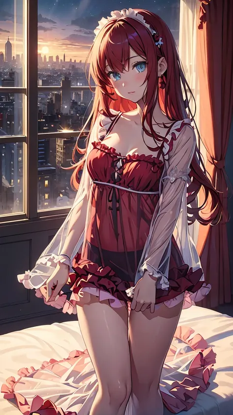 ((best quality)), ((masterpiece)), (detailed), perfect face, perfect body, 1girl, red long hair, cyan eyes, ((nightgown)), ((see...