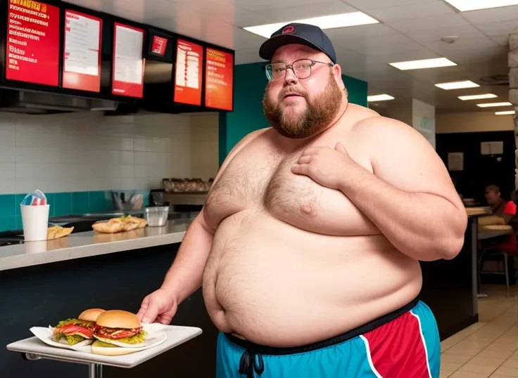 Only plump, chubby, extremely thick thighs, large belly, wearing only red swim trunks, Random face man of 56 years old has a large slightly gray beard, he is working inside a cafeteria preparing hamburgers, serving burger to customer. He is holding a plate...