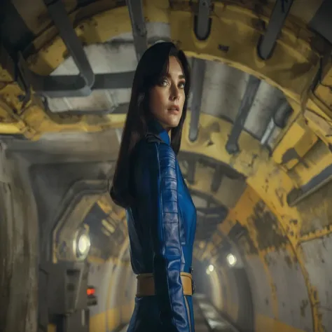 a retro futuristic heroine, com roupa de couro azul, Stopping in a tunnel in the 1950s, filme 8k ainda, filme ainda 8k, still do filme fallout, still from a live action film, 