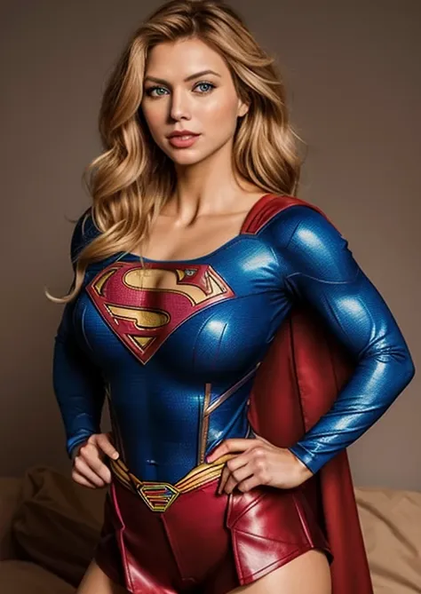 obra maestra, una imagen de cuerpo completo de la bella superchica, traje rojo y azul, hermosa mujer diosa rubia superchica, con...