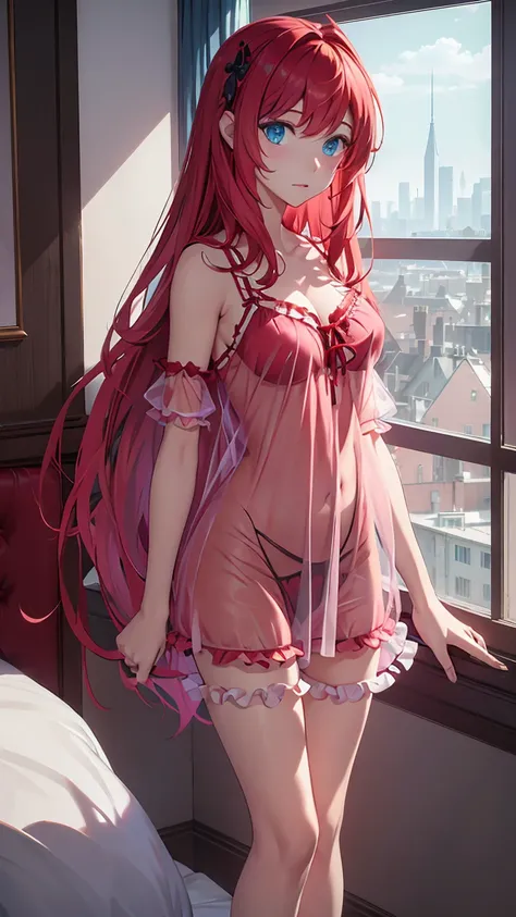 ((best quality)), ((masterpiece)), (detailed), perfect face, perfect body, 1girl, red long hair, cyan eyes, ((nightgown)), ((see-through)), ((frilly nightgown)), seeing her boobies, Seeing the girl front body, the girl in middle of bedroom hotel and window...