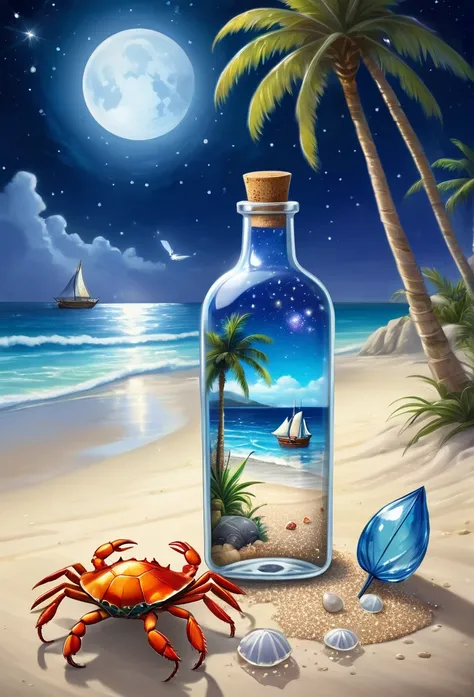 A beautiful female genie in a clear quartz bottle playing a mobile game on her phone, with the bottle on beach sand, a tropical beach landscape, a curious crab beside it, a palm tree in the background, some beach umbrellas in the distance, seashells around...