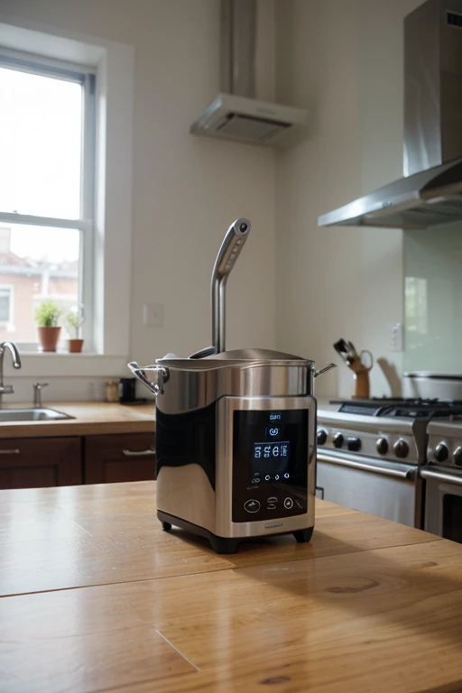 Smart Multifunctional Cooking Appliance as a sleek and compact countertop appliance with a modern design. It would feature a touchscreen control panel for easy operation, along with various compartments and cooking chambers for different cooking methods. A...