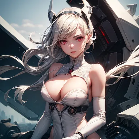 1 girl,((Ruined City)),((Red eyes)),BREAK,((White complex mechanical bodysuit)),headgear,(breasts),(mechanical,White thighhighs),(cleavage),(mechanical,elbow gloves),(mechanical,garter straps),(android),((gatling gun,Have)),(((dynamic angle))),((upper body...