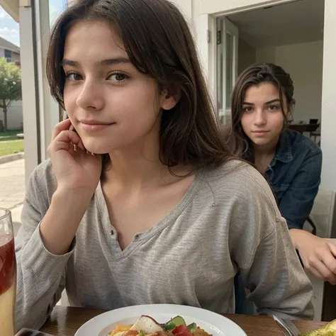 Photo of a 14-year-old adolescent, enjoying lunch with the family in casual attire (4k resolution, excellent definition). Perfection personified, no imperfections, flawless face, impeccable skin.