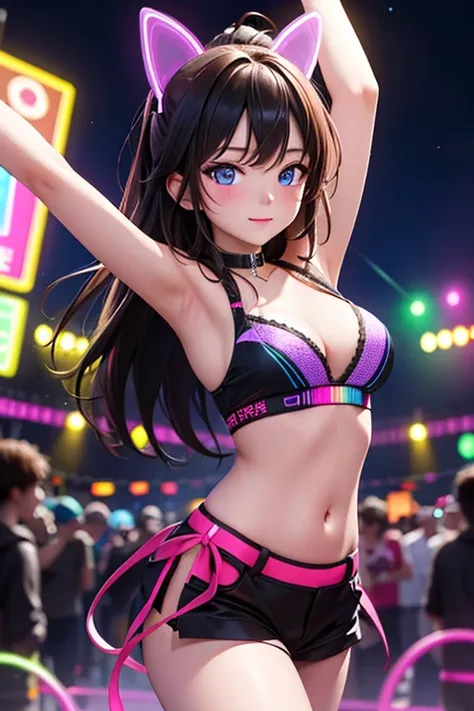 (masterpiece), best quality, high resolution, highly detailed, detailed background, perfect lighting, 1girl, raver, music festival, dancing, glow sticks, night, neon lights, 