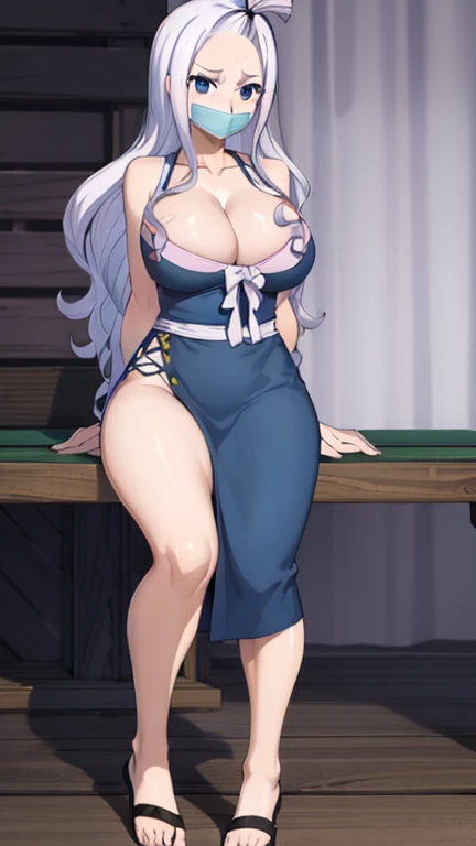 Mirajane, natural lighting, masterpiece, highly detailed, illustration, game CG, absurdres, high quality, aichan, large breasts, beautiful detailed eyes, short, (tape gag), (tape bound), (arms bound), (legs bound:1.2), eyes wide, shocked, surprised, collar...