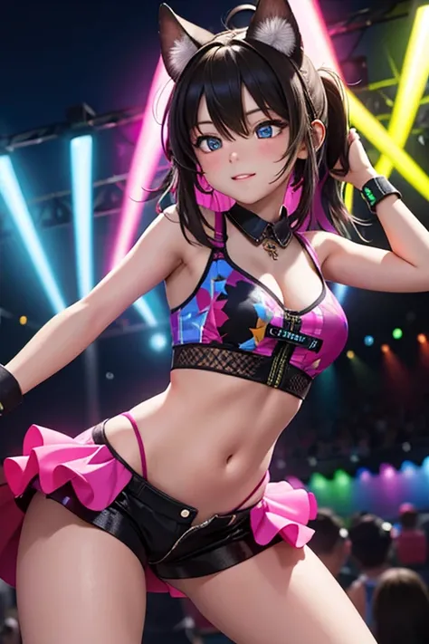 (masterpiece), best quality, high resolution, highly detailed, detailed background, perfect lighting, 1girl, raver, music festival, dancing, glow sticks, night, neon lights, 