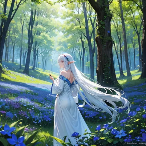 fields of blue flowers, canopy of trees, sunny day, the back of an elf girl with long white hair white robe red earrings