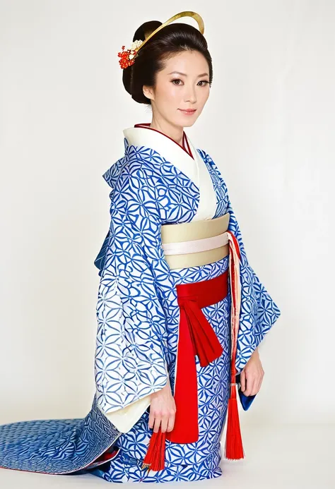 araffe in a kimono with a red sash and a blue and white kimono, in kimono, in a kimono, wearing kimono, kimono, wearing a kimono, japanese kimono, pale and coloured kimono, Japanese style, Japanese style, Traditional Japanese, wearing royal kimono, by Shib...