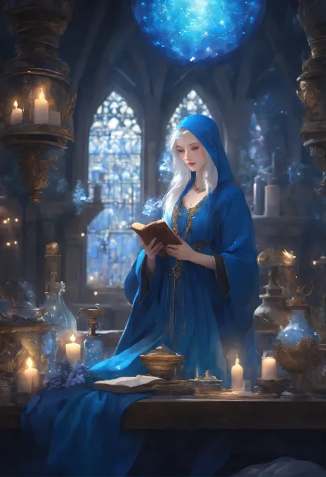 Best fantasy anime pictures、In blue robe、In the Medieval Lab、Crystals floating、