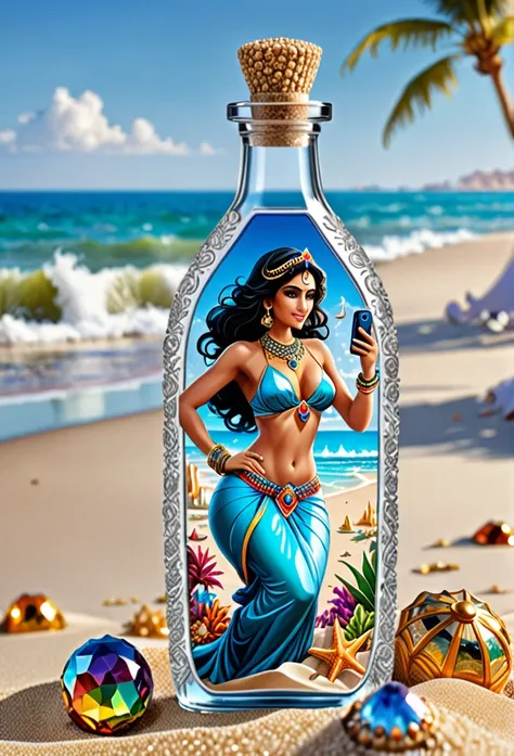 A crystal clear quatz bottle withba gorgeous middle east female genie inside it, she plays a mobile game on her cellphone, the bottle is on the beach sand, insanely detailed and intricate mesmerizing beach background