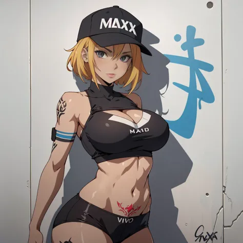 estilo anime, mujer grafitera, grafiti en la pared, desnuda contra la pared, gorra de lado, colores vivos, buena figura, buenas curvas, tatuajes maxima calidad, ultra detallado, 8K, cuerpo entero