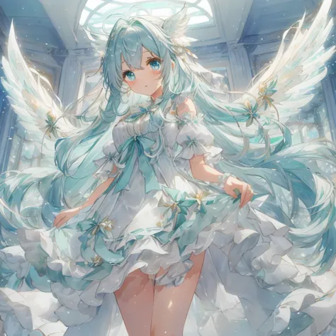 mint-inspired, sparkling and cute atmosphere. a moe anime style bishoujo with big sparkling blue eyes and a fluffy appearance. f...