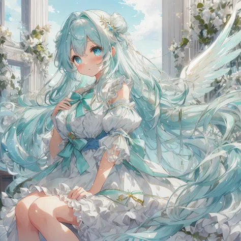 mint-inspired, sparkling and cute atmosphere. a moe anime style bishoujo with big sparkling blue eyes and a fluffy appearance. f...