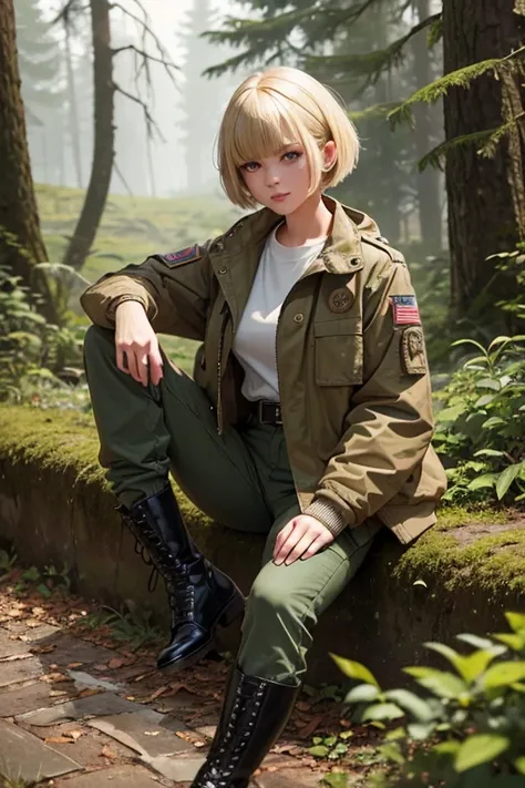 Ultra-detailed, master_piece, Top_quality, 1_beautiful_girl, 16years_old, military_jacket, pants, ankle_boot, holding_Springfield, blonde_bob_cut_hair, bangs, Very_beautiful_face, very_beautiful_eyes, even_eyes, in forest, stanging, goggles
