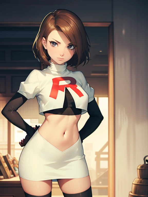 brown hair, short hair, glossy lips, eye shadow ,team rocket uniform, red letter r, white skirt,white crop top,black thigh-high ...