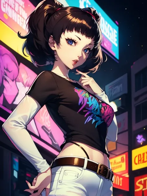 rise kujikawa (persona) ,glossy lips , 1girl, solo, standing, black t-shirt, white shirt, jeans, belt, lipstick,