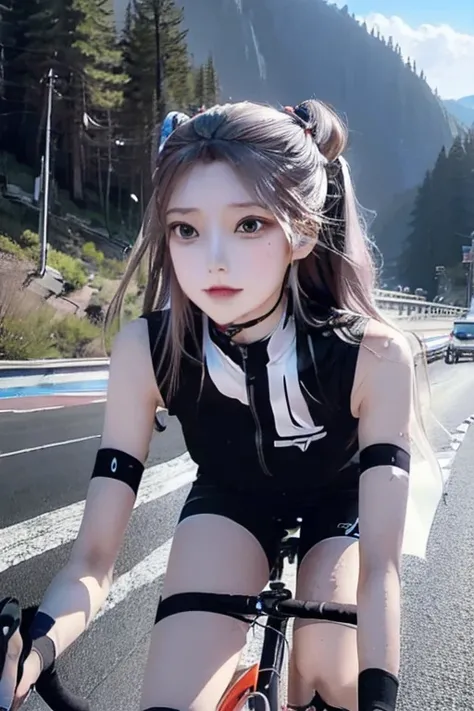 (((masterpiece))), (((best quality))), (((Ride a road bike))), downhill, steep slope, eye mask, earphone, Cycling shorts, wind, Speed line effect, alone, 1 girl, ribbon, long hair, Split, big , Shy. blush,