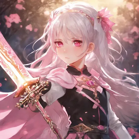 5′ 11″ height, 12 years old girl with glasses and a white hair, pink eyes, who wears pink and holds an sword in the shape of a crucifix, just her head and shoulders, with color palette, a spike headband, watercolor anime