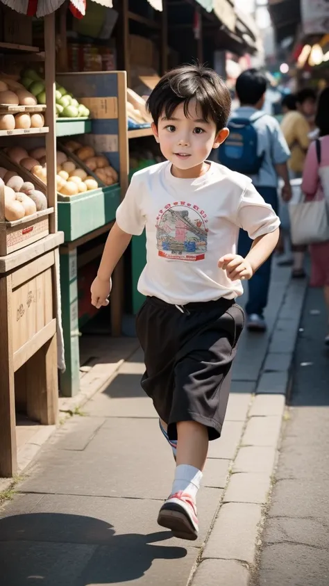 Cute Asian little boy about five years old with round face running in the market