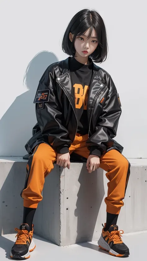 A Korean teenage girl, Make-up douyin, is wearing cool cyberpunk style clothes varying in black and orange and carrying a firearm, sitting wearing shoes, on a white background.