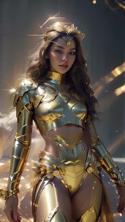 create a super beautiful photo of a goddess, wearing a gold outfit with crown and halo, with a mighty lion by her side, cinematic effect, extremely detailed, with intricate details, shinny, expensive, glorious, photorealistic, hyper realistic, glowing skin...