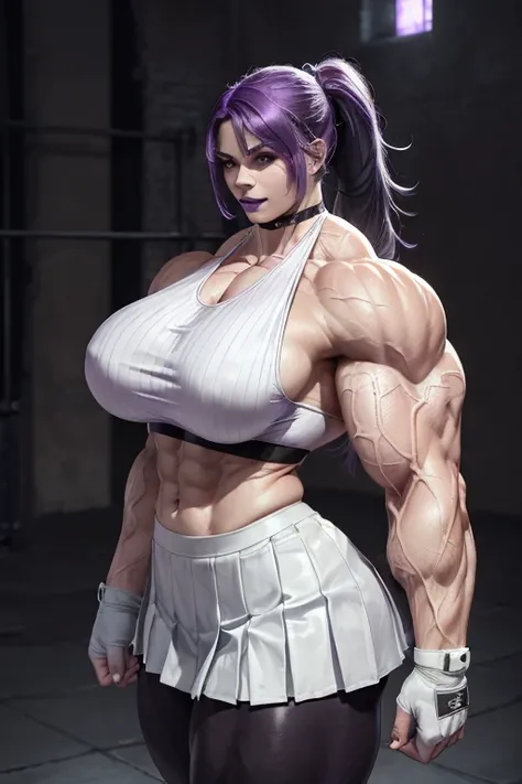 (((((Massive, tall, beautiful, pale white skinned, buff, muscular woman with violet purple hair, black lipstick, ginormous bulky muscles and wearing a white leather sports bra with pleated skirt))))), (close view), (massive muscle), massive biceps, hyper m...