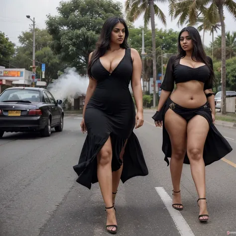 Indian women,30 year old,pretty face,big and voluptuous breasts, gigantic and enormous butt, thickest thigh,huge knockers,widest hips, lowest waist,slim tummy, wearing black Belly dance dress, walking at public road and her dress is blowing by wind  